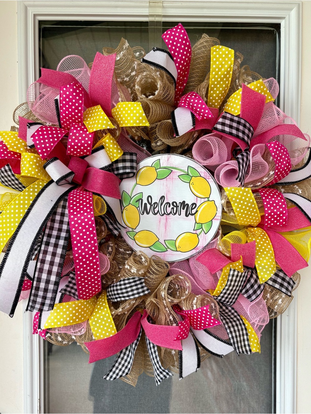 Bright Lemon Welcome Wreath with Pink, Yellow & Black Ribbons Summer Lemon
